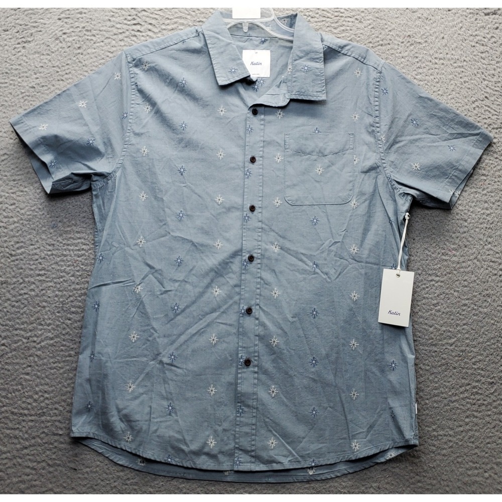 Katin Rollins Surf Shirt Men Large Multi Embroidered Star Short Sleeve Button-Up